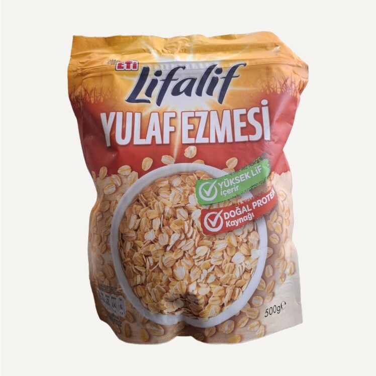 بسته ۵۰۰ گرمی ETİ Lifalif Yulaf Ezmesi جو دوسر پرک با برچسب «Yüksek Lif içerir» و نشان برند ETİ.