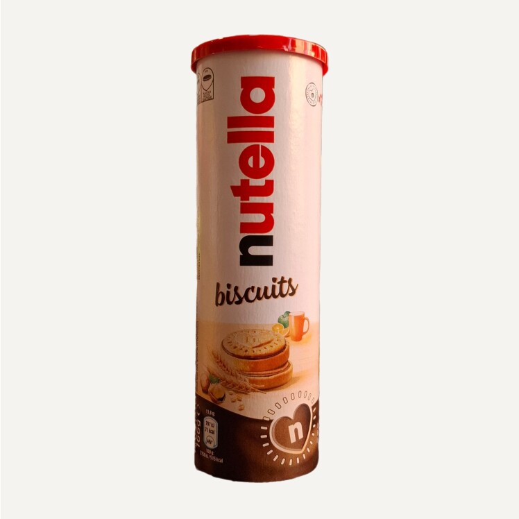 بیسکویت Nutella Biscuits استوانه‌ای ۱۶۶ گرمی با مغز کرم کاکائویی نوتلا و بیسکویت ترد.